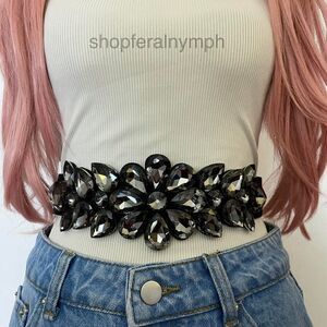 Black Y2K Smoky Crystal Floral Wide Elastic Cinch Belt, Fits 26 Inches, X7GA1488